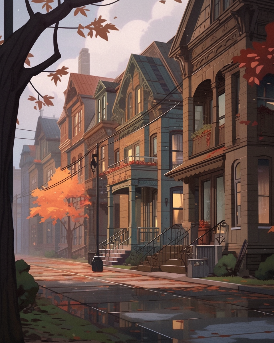 Gloomy autumn residential street scene