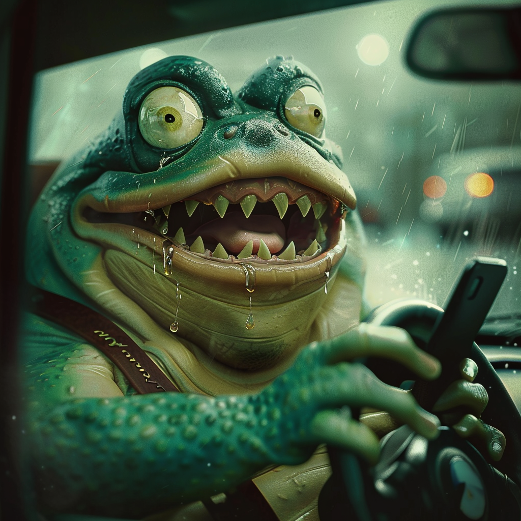 Man with green frog head driving car