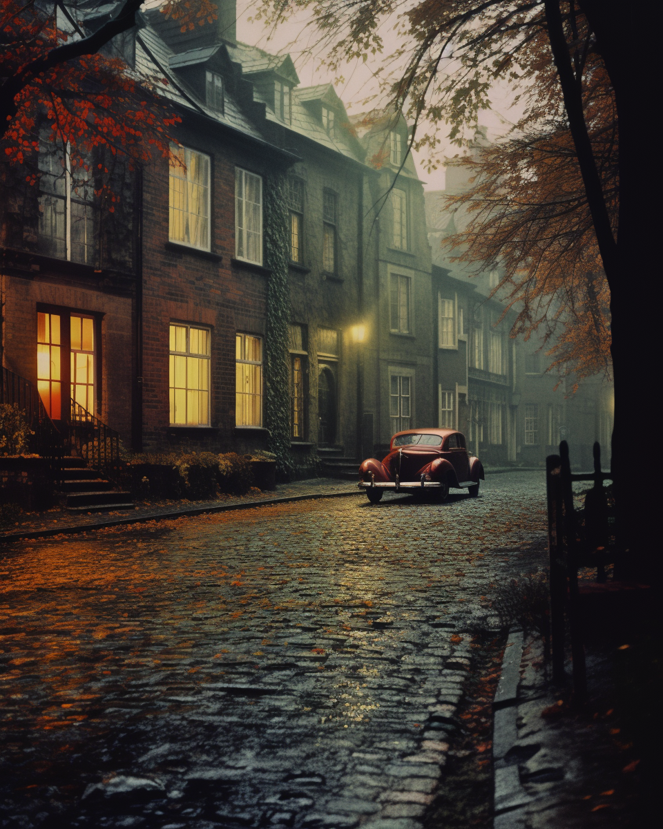 Residential street in gloomy autumn rain