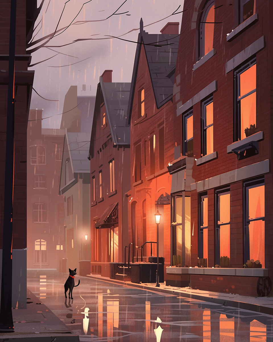 Residential street with lit windows on gloomy evening