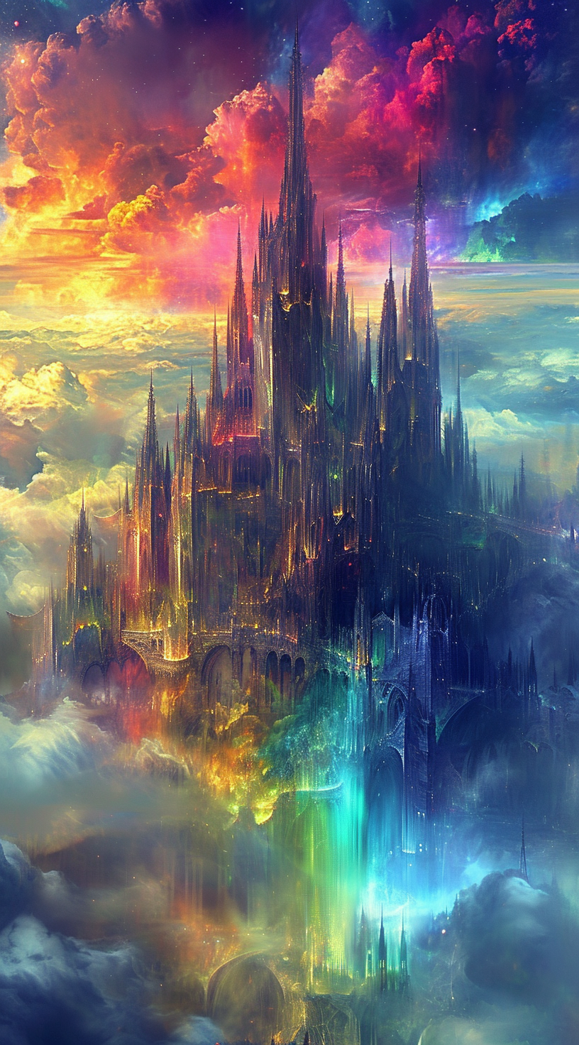 Castle made of glass reflecting rainbow colors