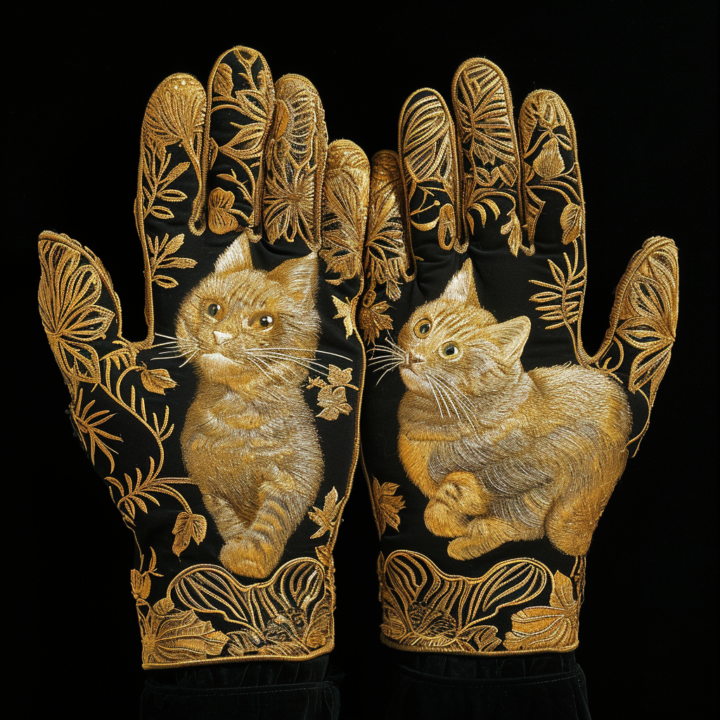 Embroidered golden gloves with cat illustration