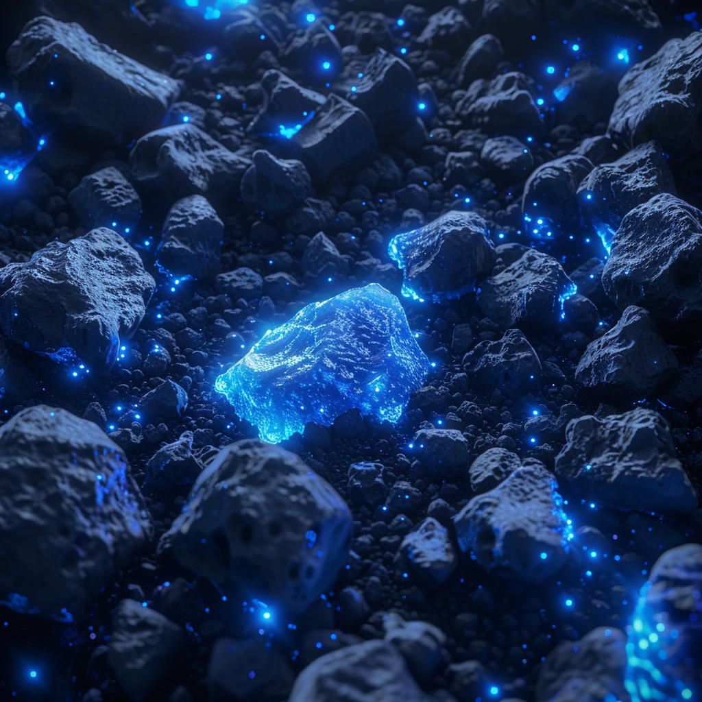 Glowing blue ice asteroid in dark field