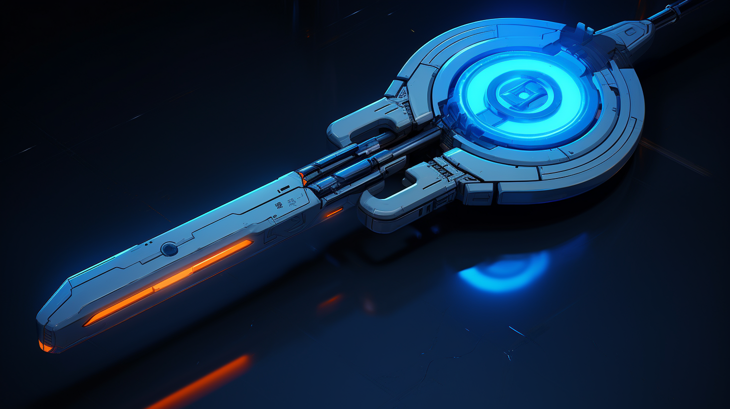 Glowing blue key floating above pedestal in futuristic design