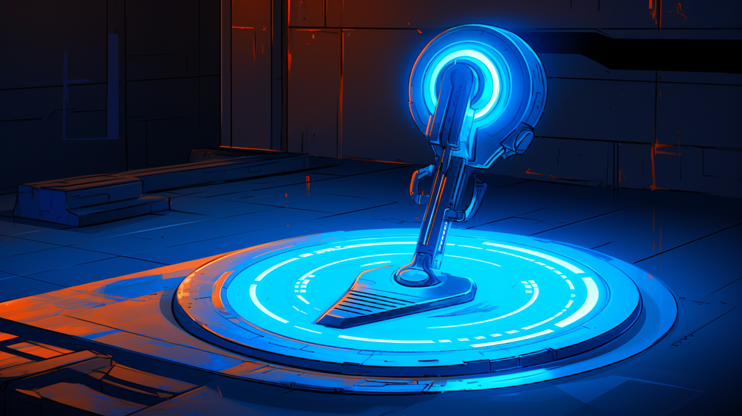 Glowing blue key floating above wooden pedestal