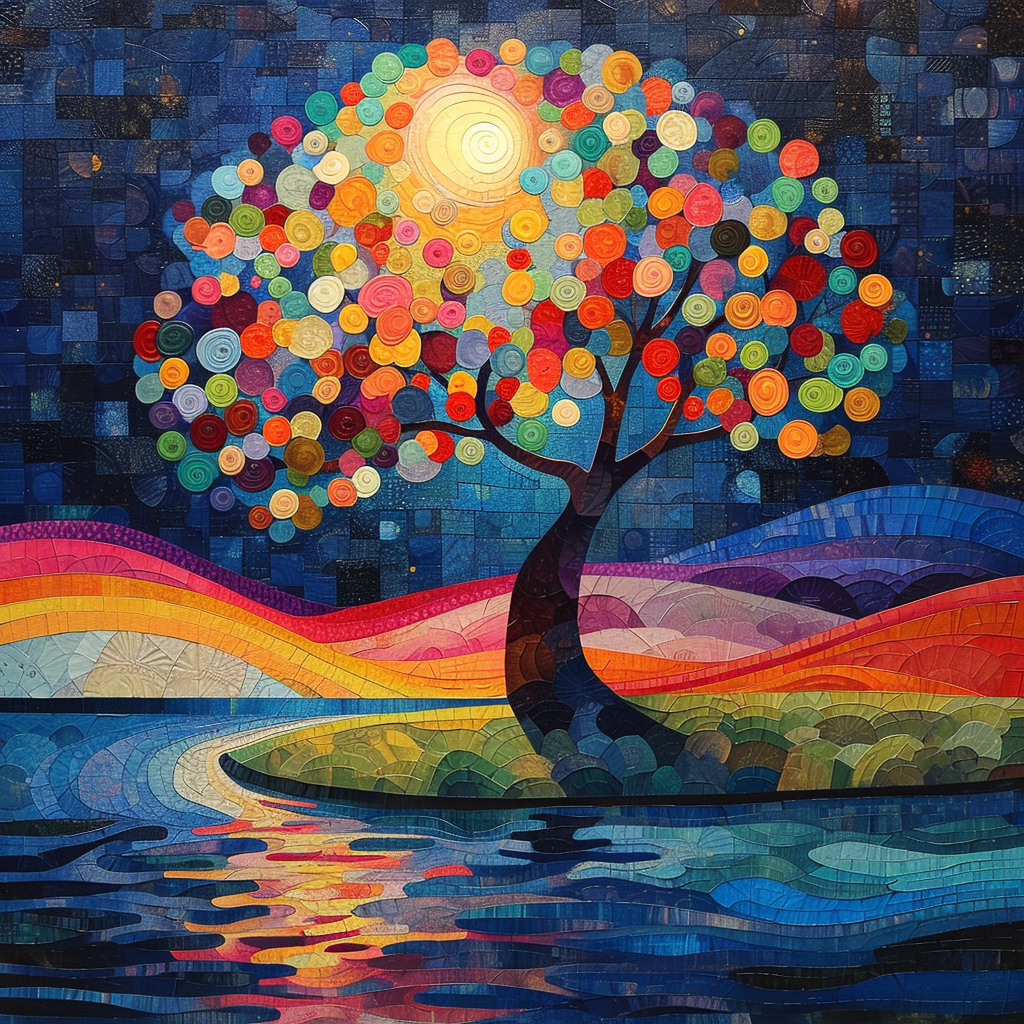 Glowing circles on colorful tree by river