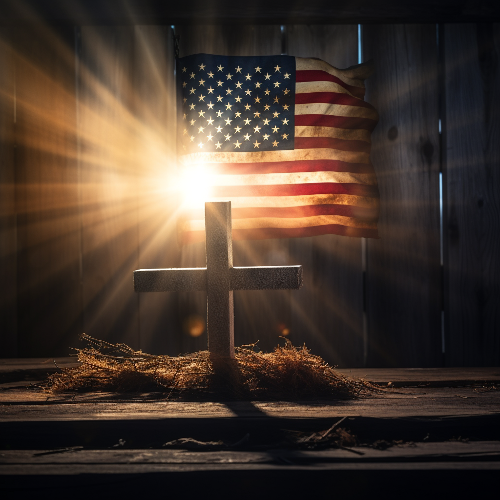 Glowing cross on wooden table with American flag