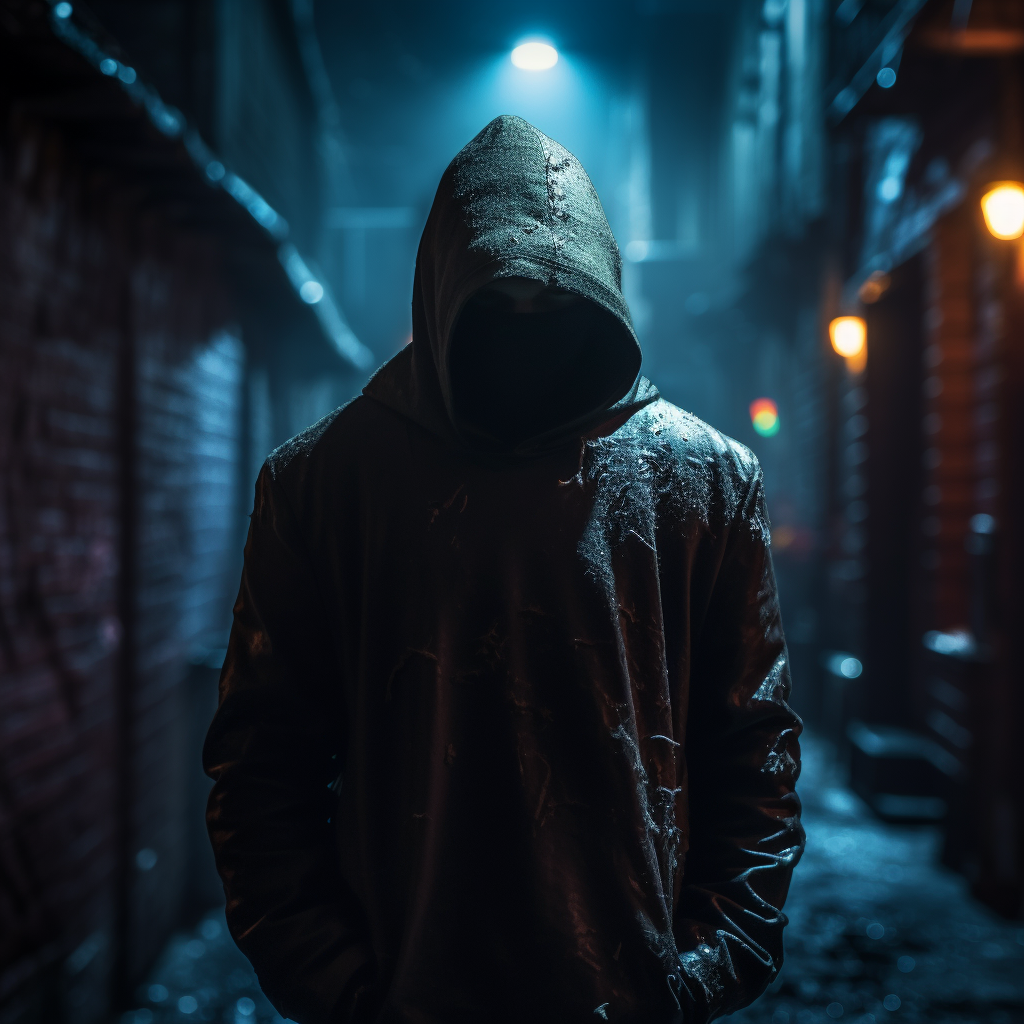 Man with Glowing Eyes in Dark Alley