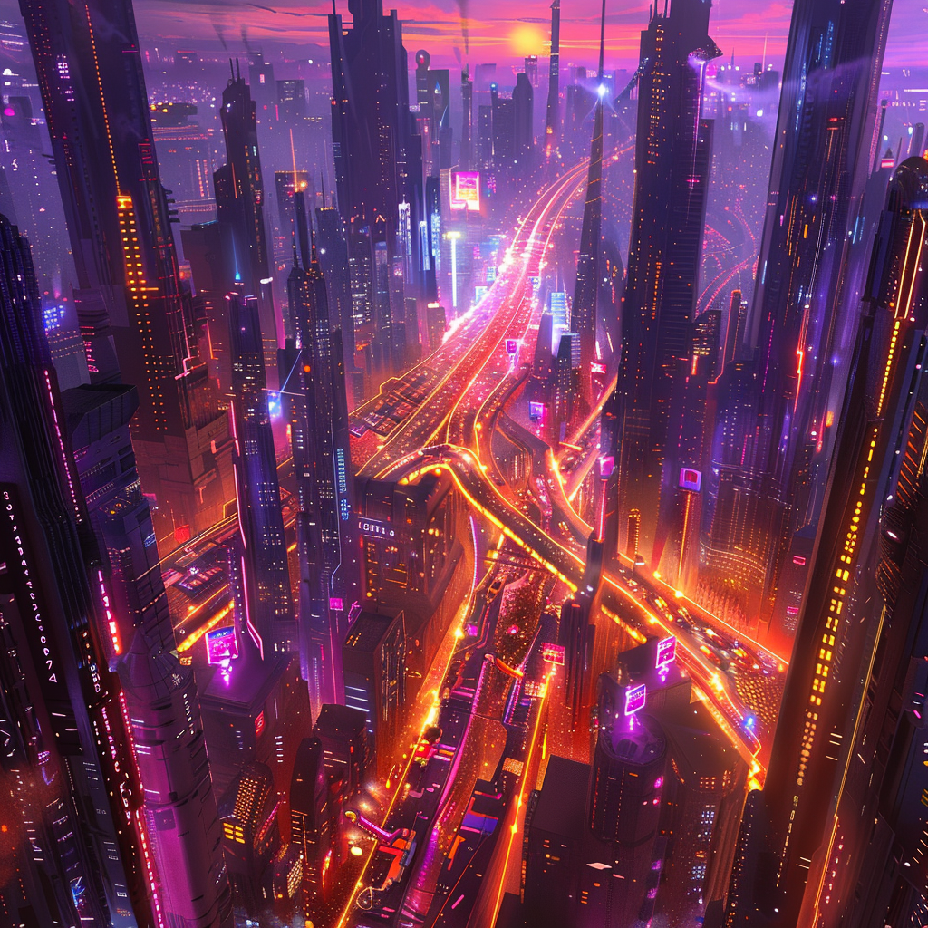 Glowing fiber optic cable futuristic city