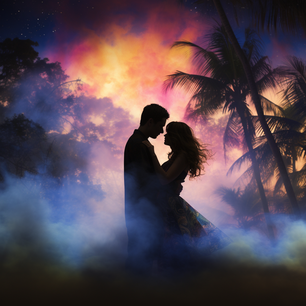 glowing fog tropical spring colored smoke silhouette couple