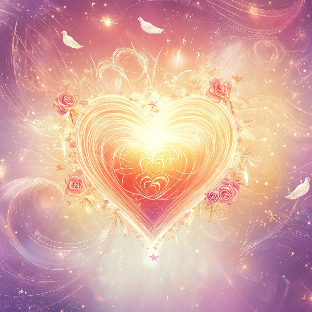 Glowing heart surrounded by symbols of love