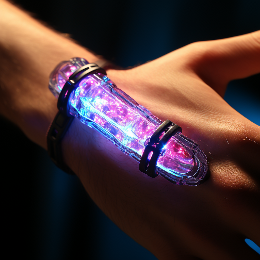 Man wearing a glowing gemstone wristband