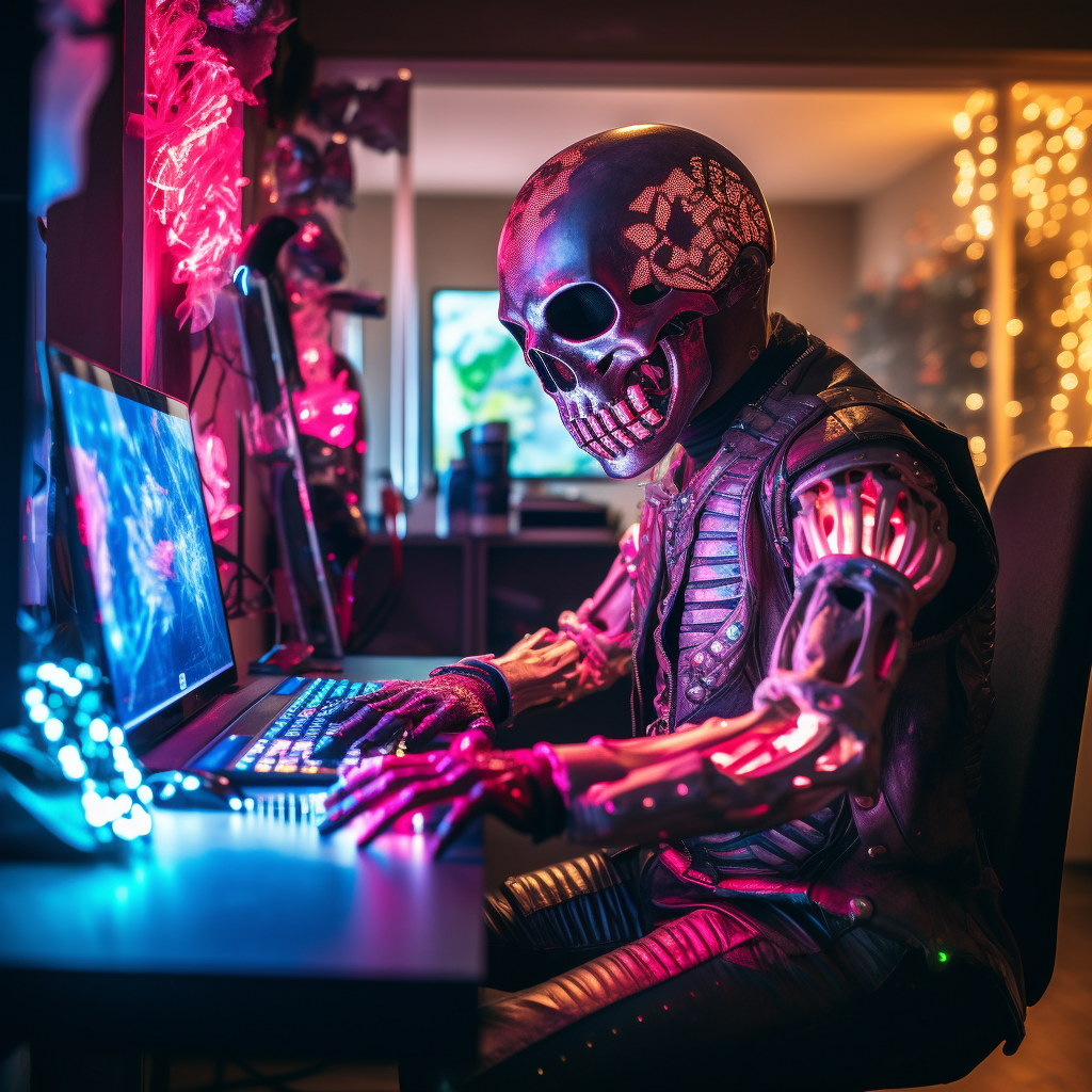 DJ wearing light-up LED cyborg skeleton mask