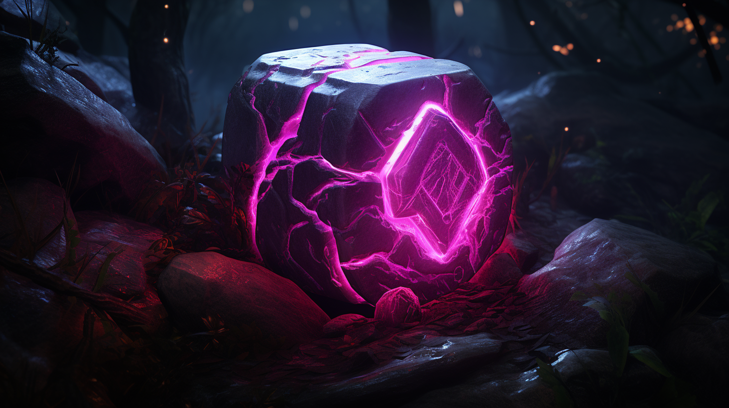 Photorealistic stone with glowing magenta runes