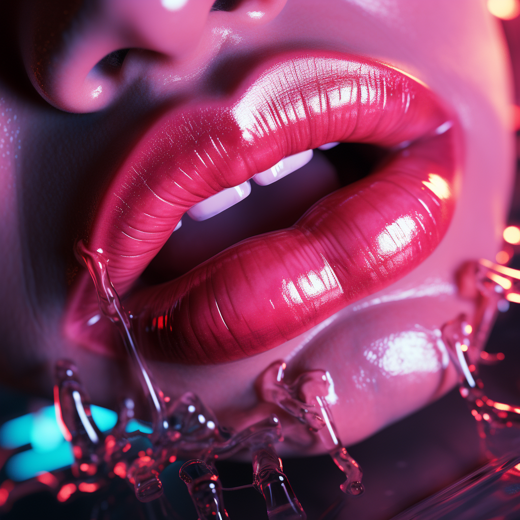 Closeup of Glowing Neon Lips Dripping with Brutalist Architecture