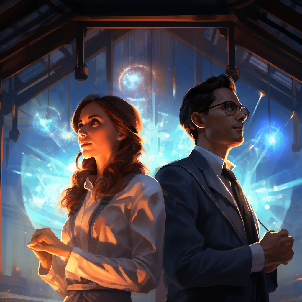 Brilliant scientist and assistant standing before a glowing portal