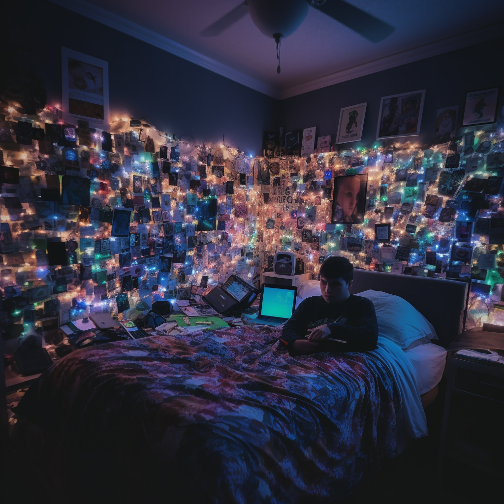 Eerie bedroom with glowing smartphones