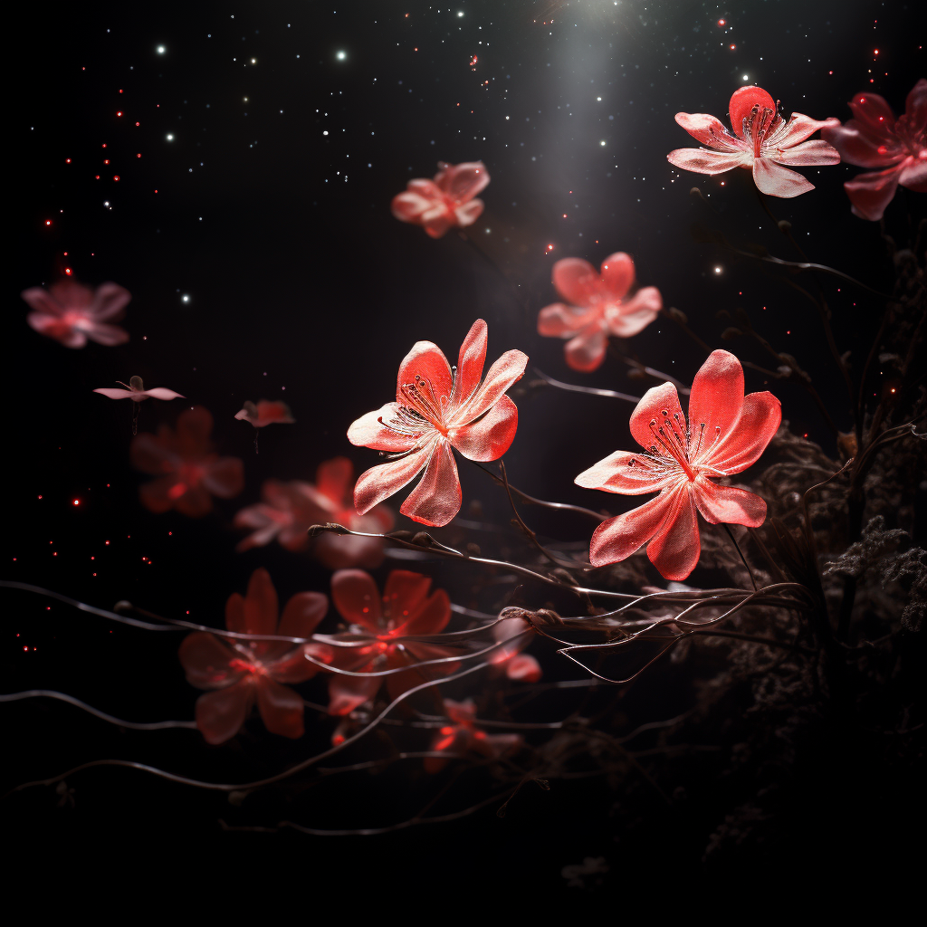 Small red glowing spirit blossoms in flight