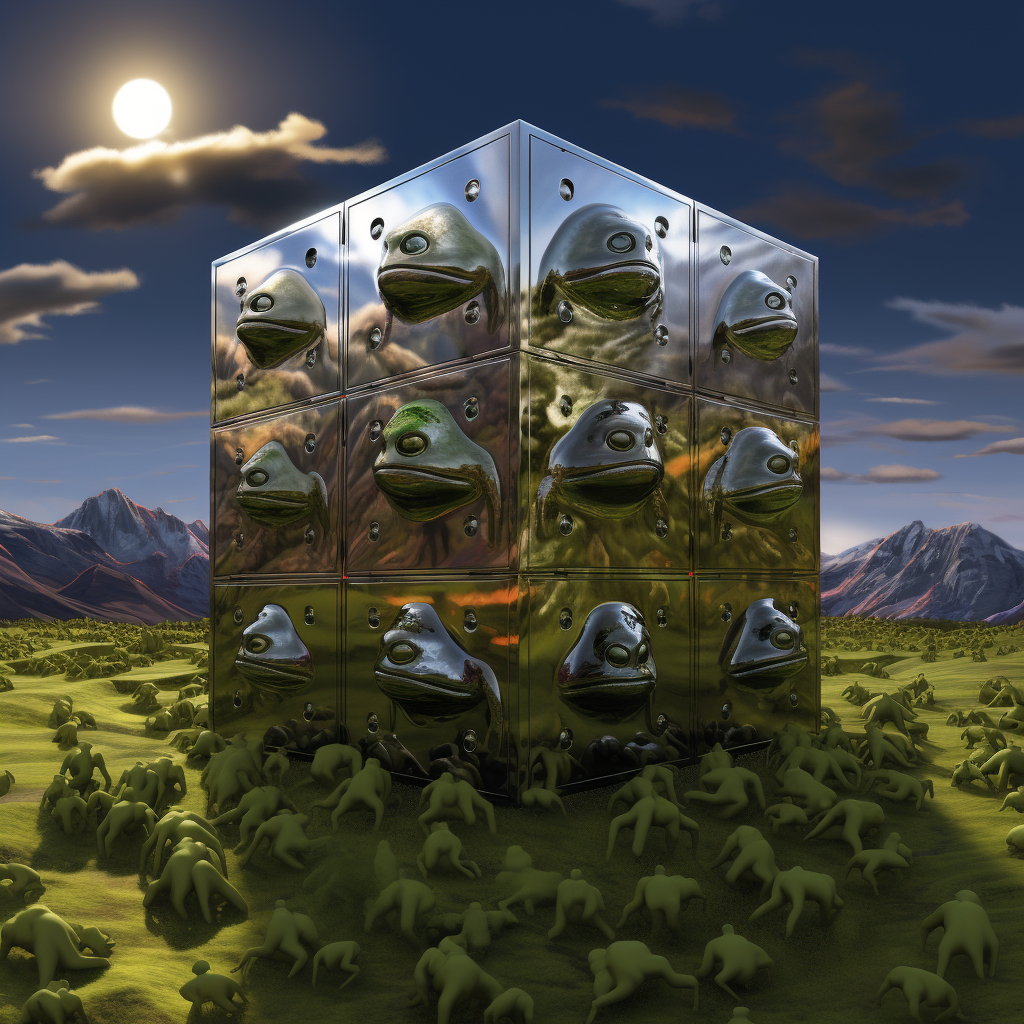 Giant metallic cube surrounded by Pepe frogs