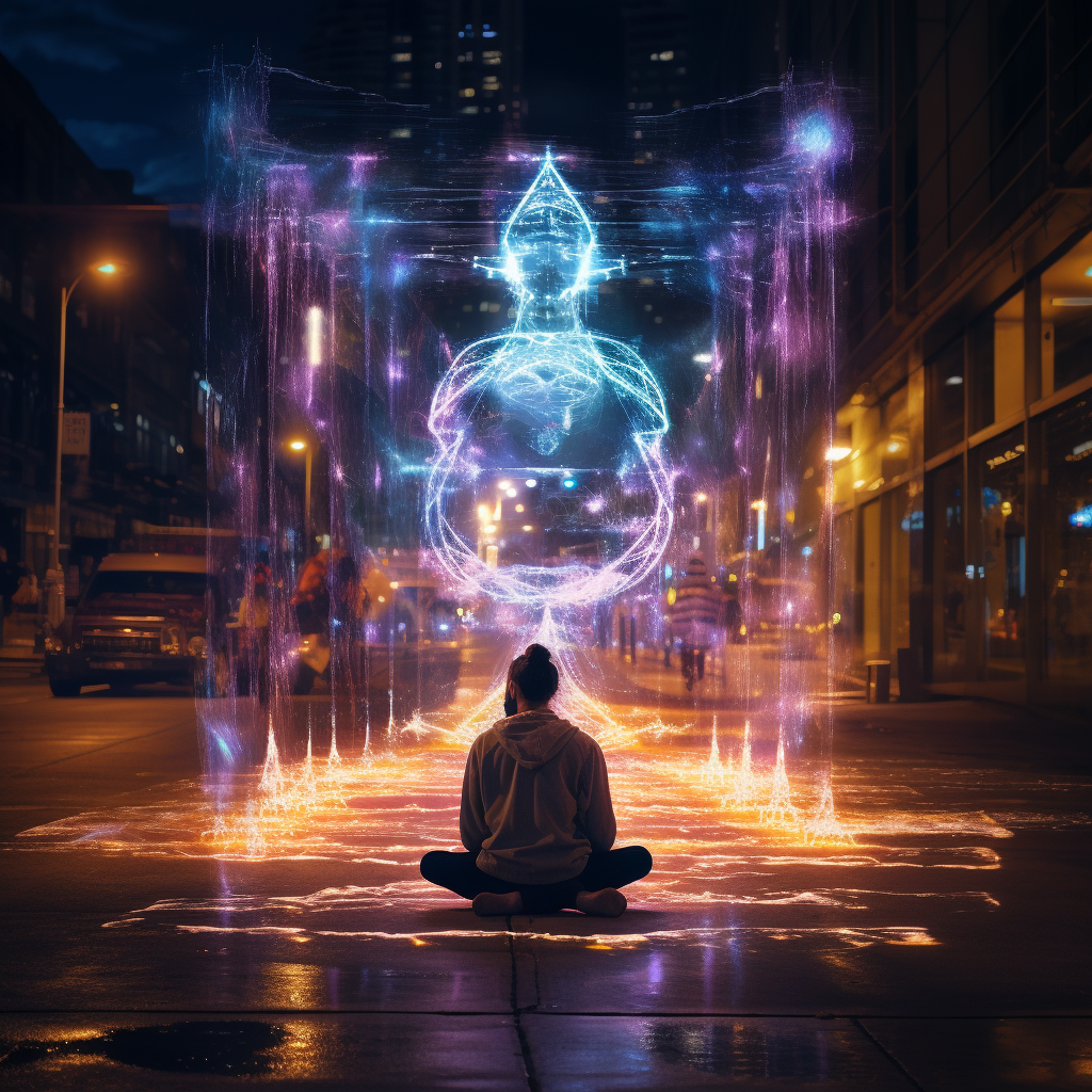 Person with Glowing Aura and Chakras on the Street