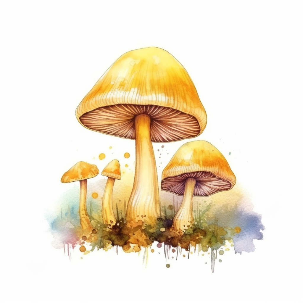 Golden mystical mushrooms on white background