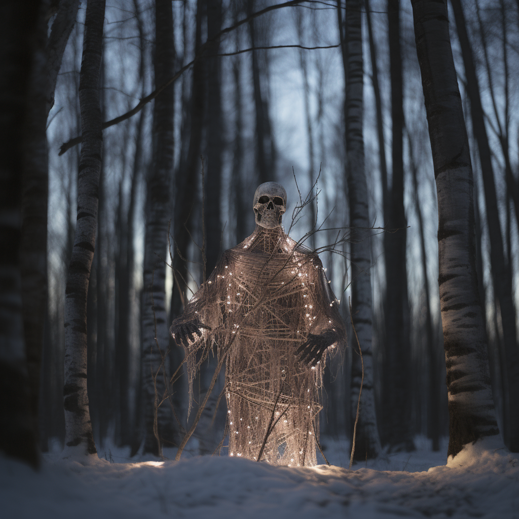 Hyper-realistic glowing skeleton in winter forest