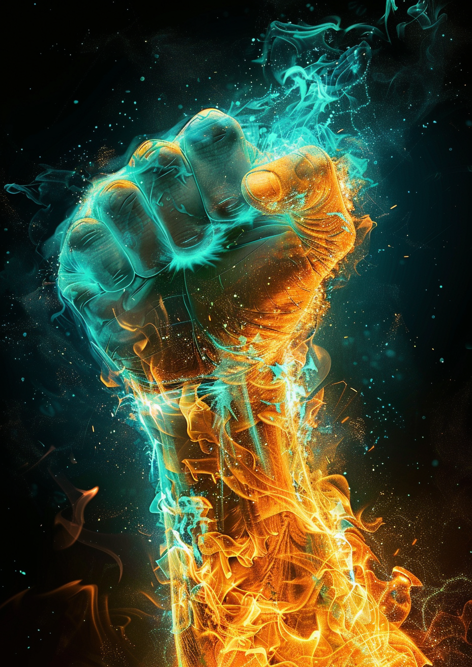 Glowing man raising triumphant fist fantasy art