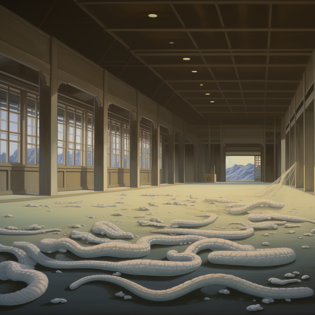 Semitranslucent glowing white worm in rural Japanese government building