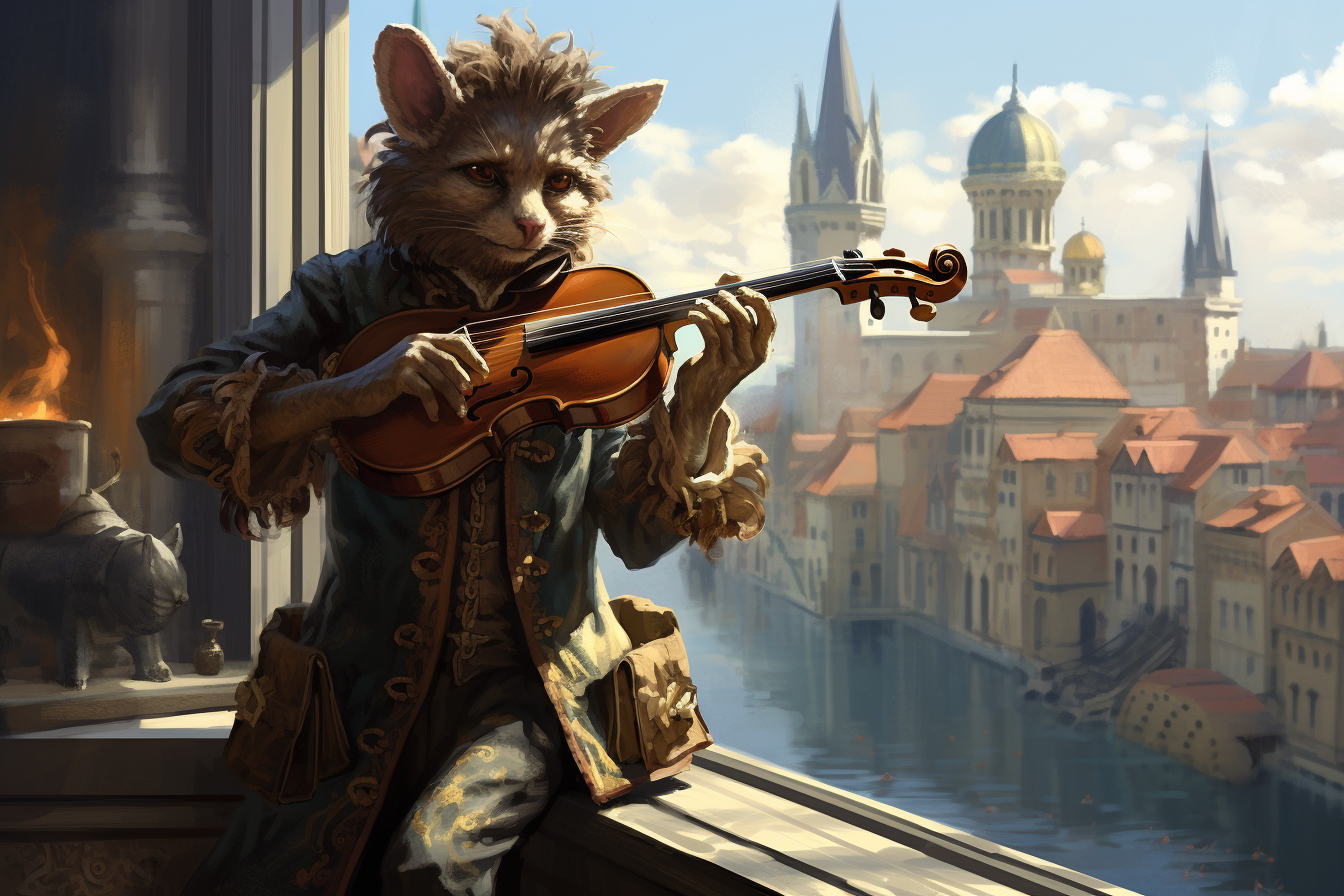 Less Hairy Gnoll Playing Violin with Window City View