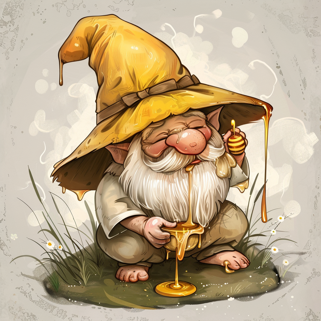 Cute gnome with big hat eating honey