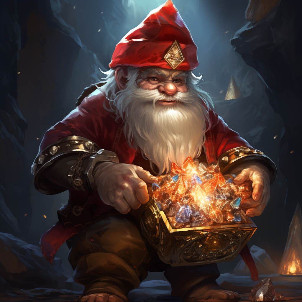 Gnome holding a bag of gold and precious stones