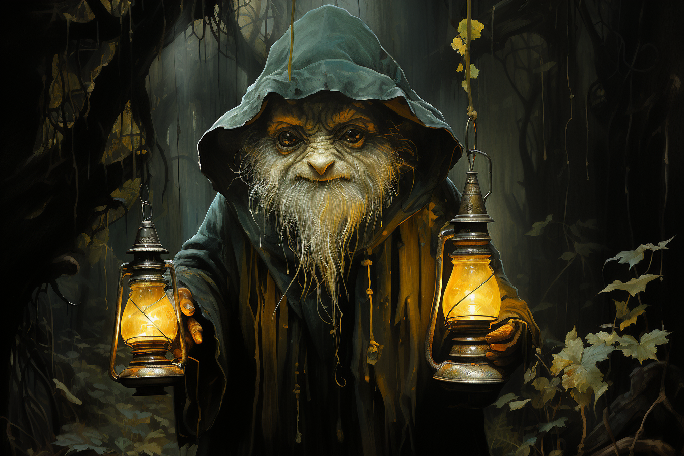 Gnome walking with a lantern through the dark forest