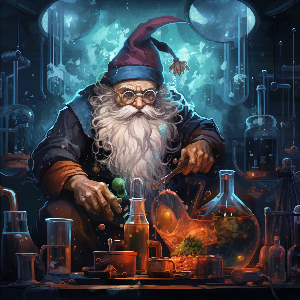 Gnome scientist brewing Christmas beer