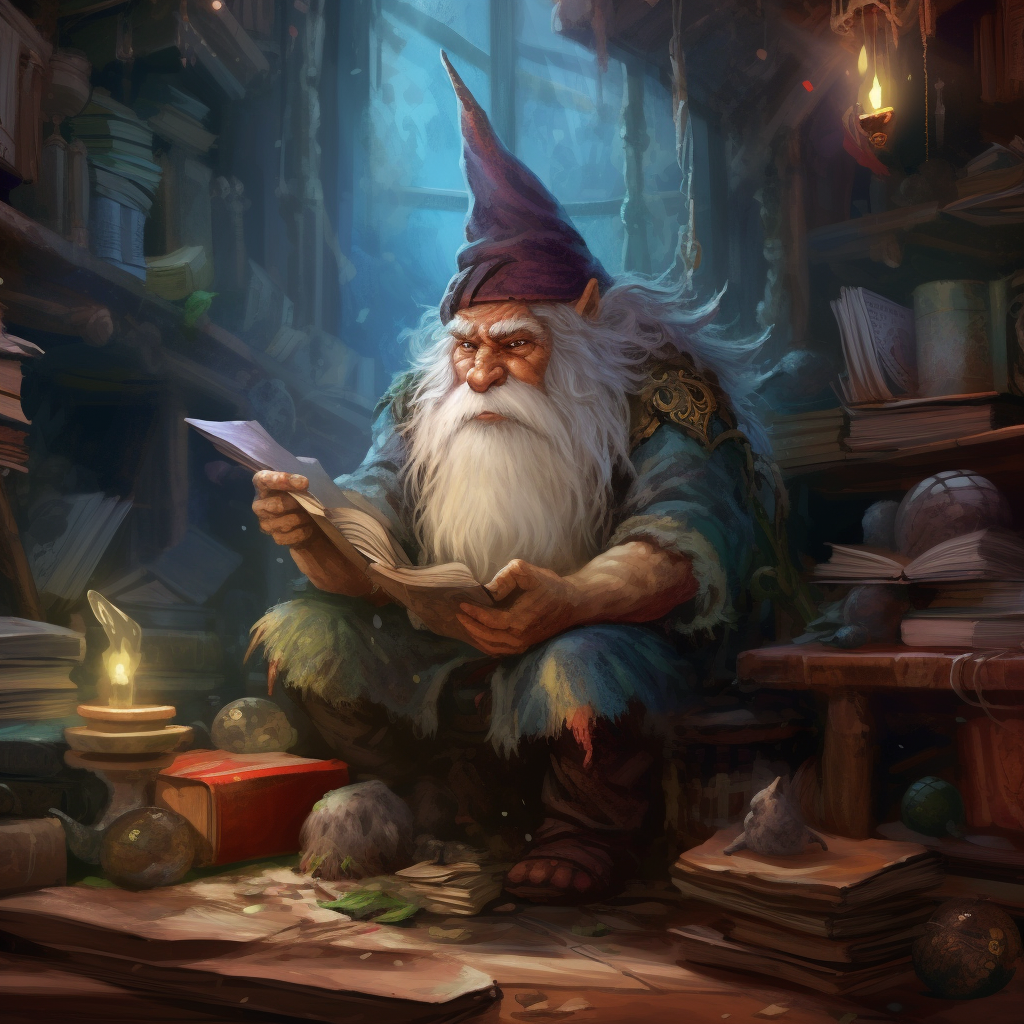 Gnome wizard in a magical library