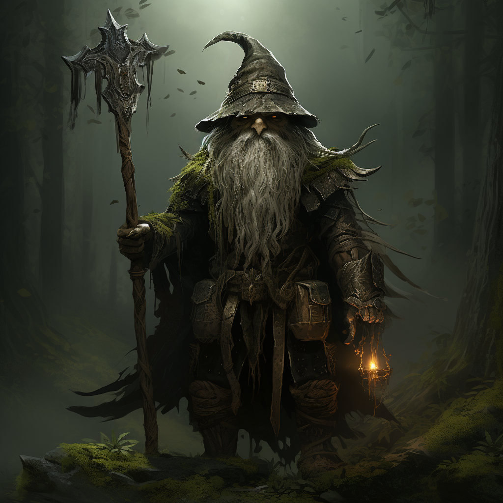 Enigmatic gnome wizard warrior in dark forest