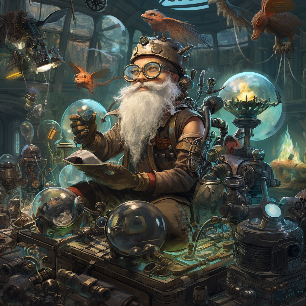 Gnome artificer with mechanical menagerie creatures