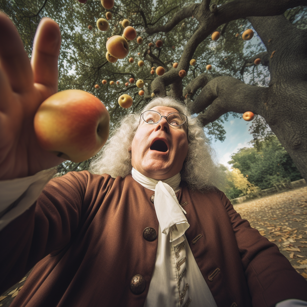 Sir Isaac Newton watching apple fall