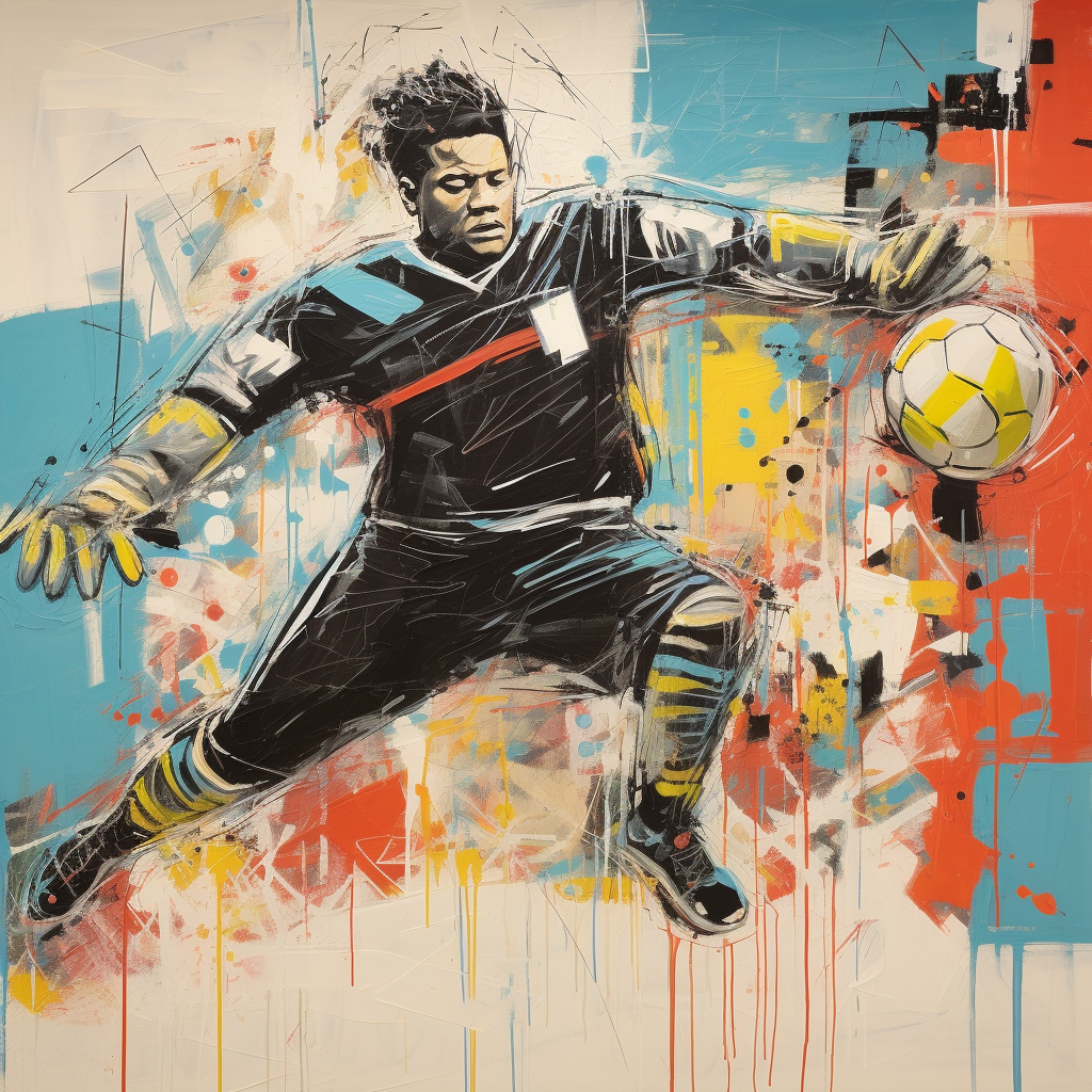 Goalkeeper blocking shot in basquiat style artwork