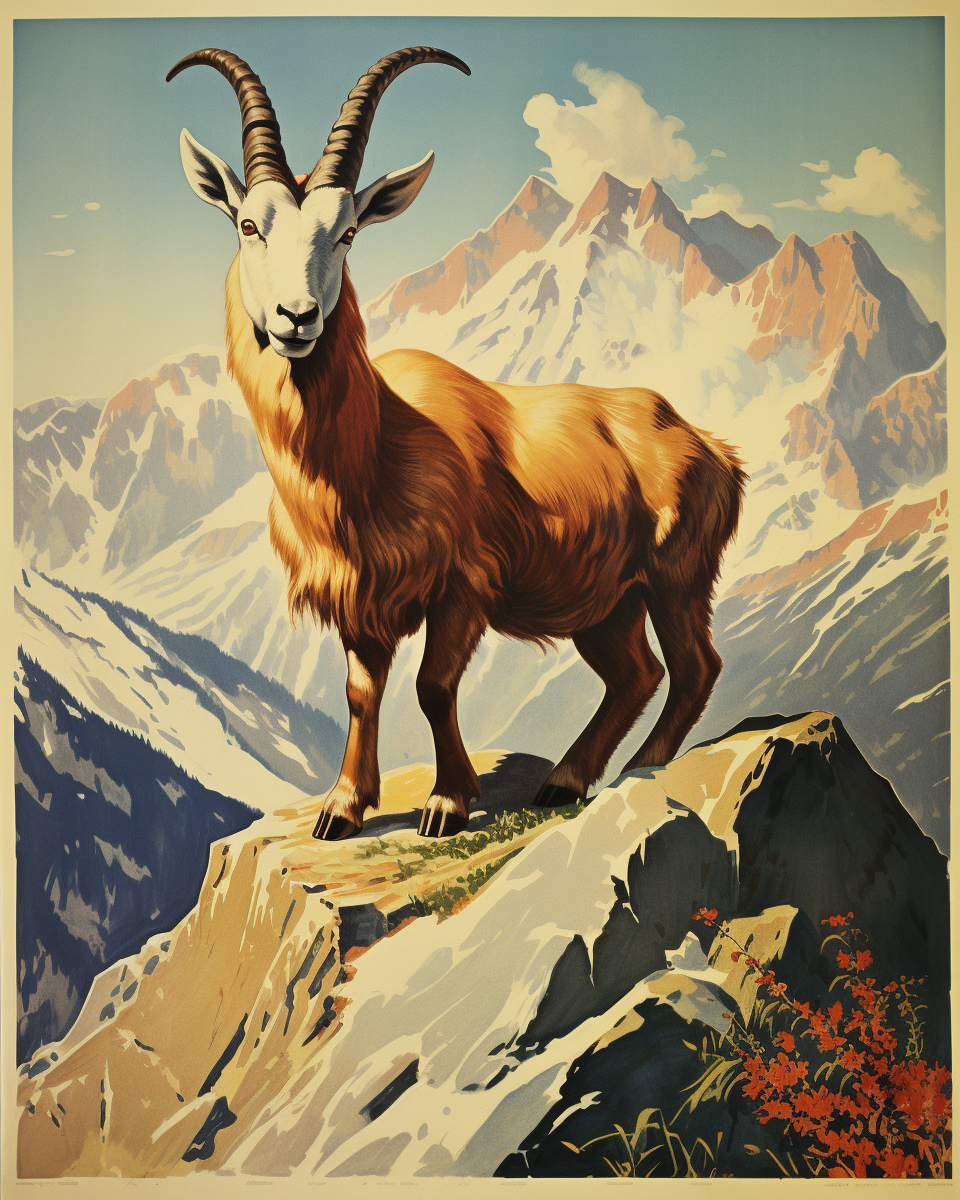 Goat Climbing Mountain Soviet Poster 1950s