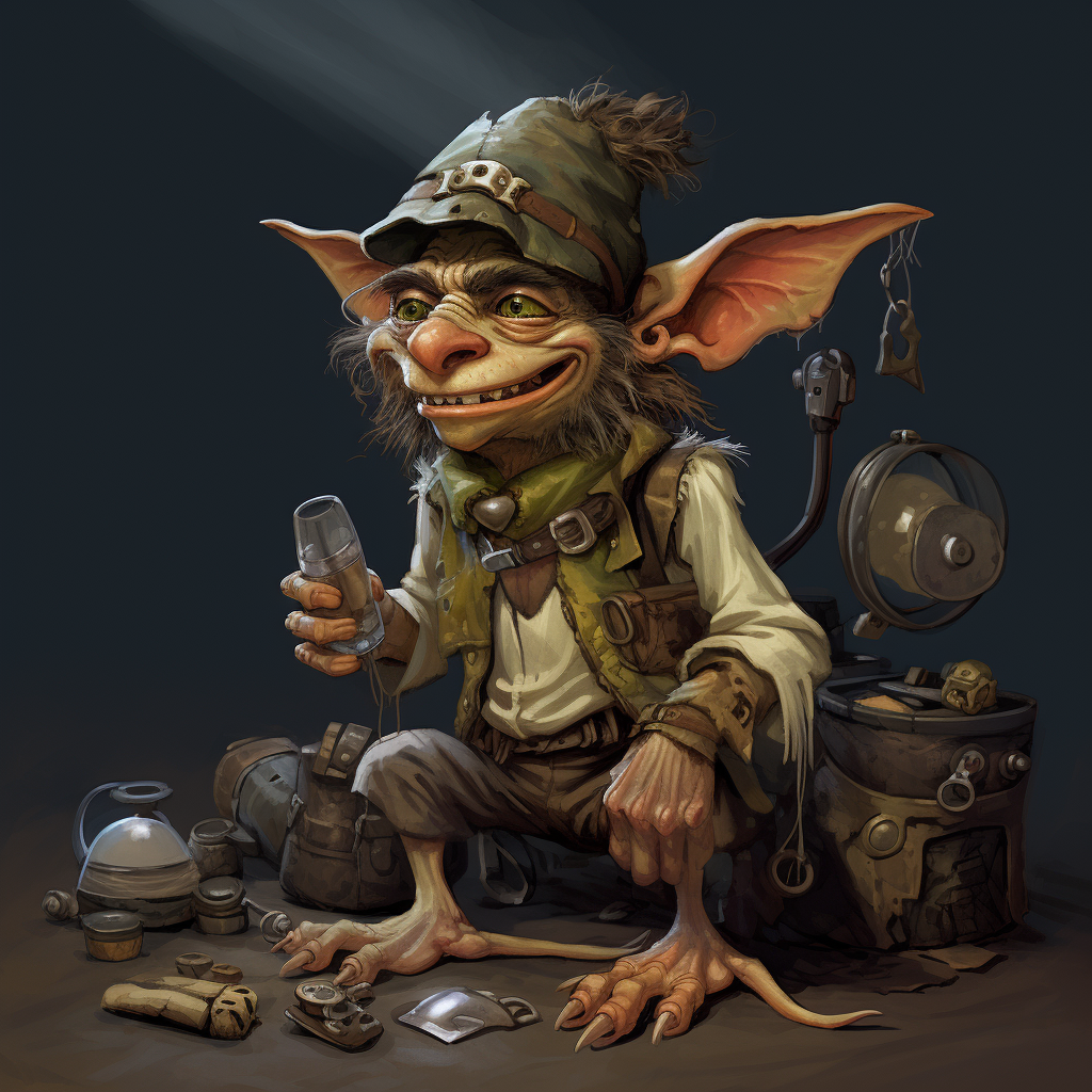 Middle-aged goblin tinkering with various objects