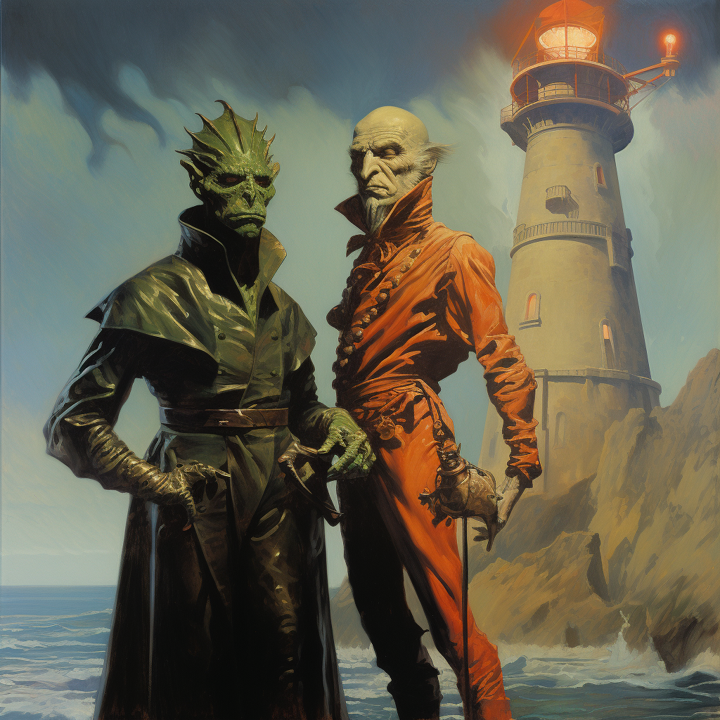 Goblin Artificier and Lizardman wearing Karate Outfit in front of a Dark Lighthouse