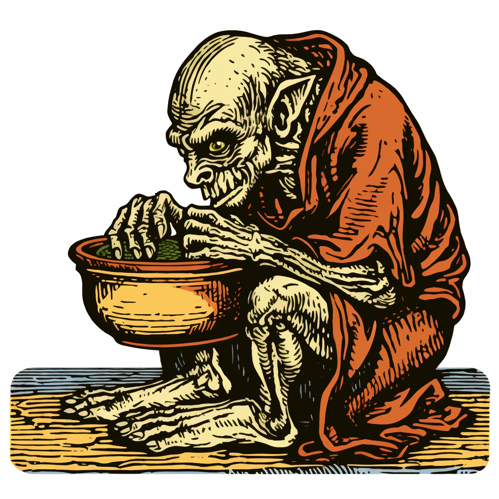 Goblin enjoying cereal in woodcut style