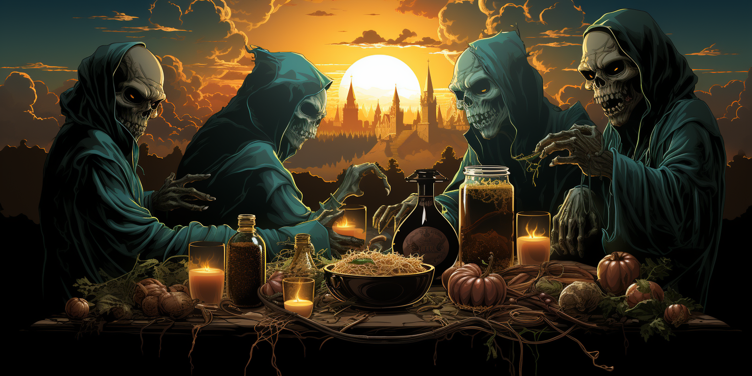 Goblin friends brewing beer around a cauldron