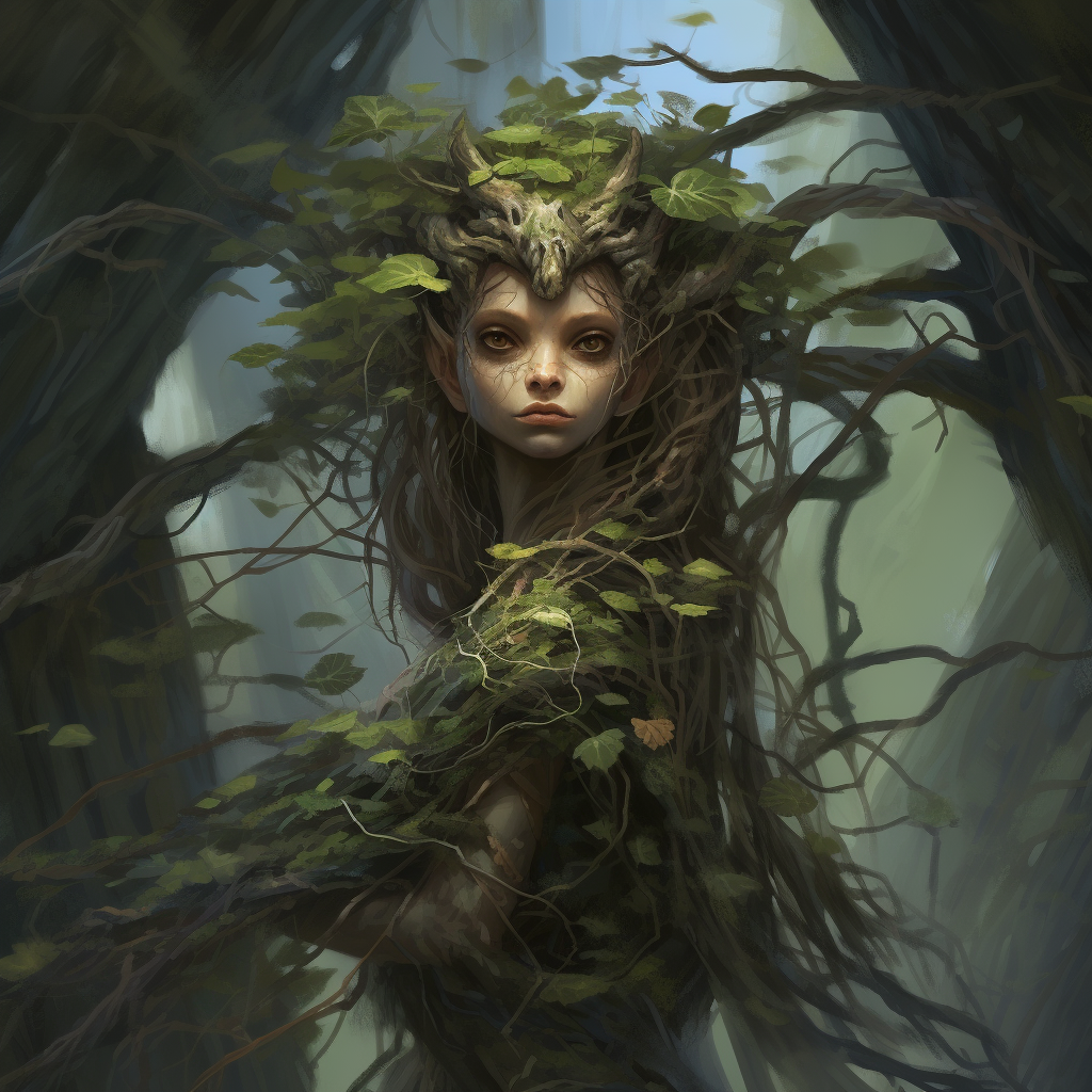 Beautiful goblin girl dryad surrounded by giant branches