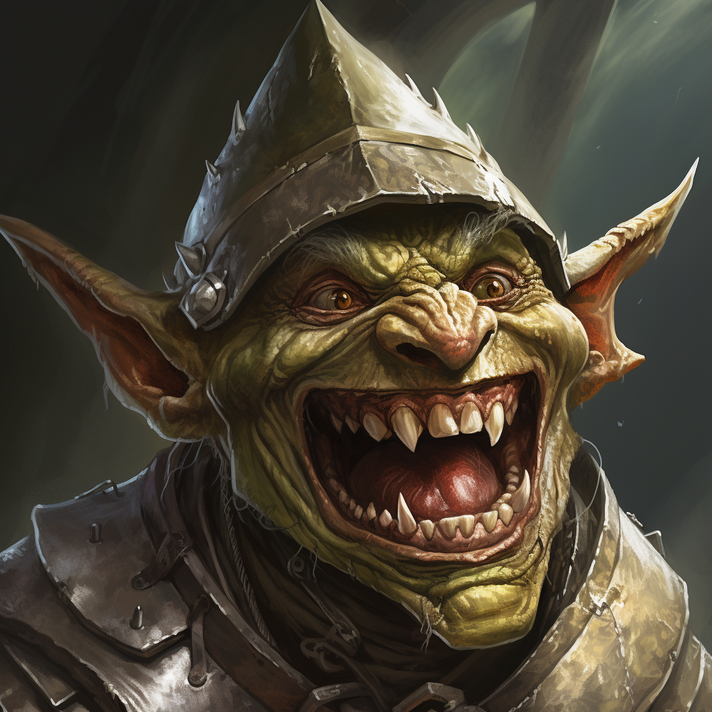 Goblin wearing helmet snarling with teeth