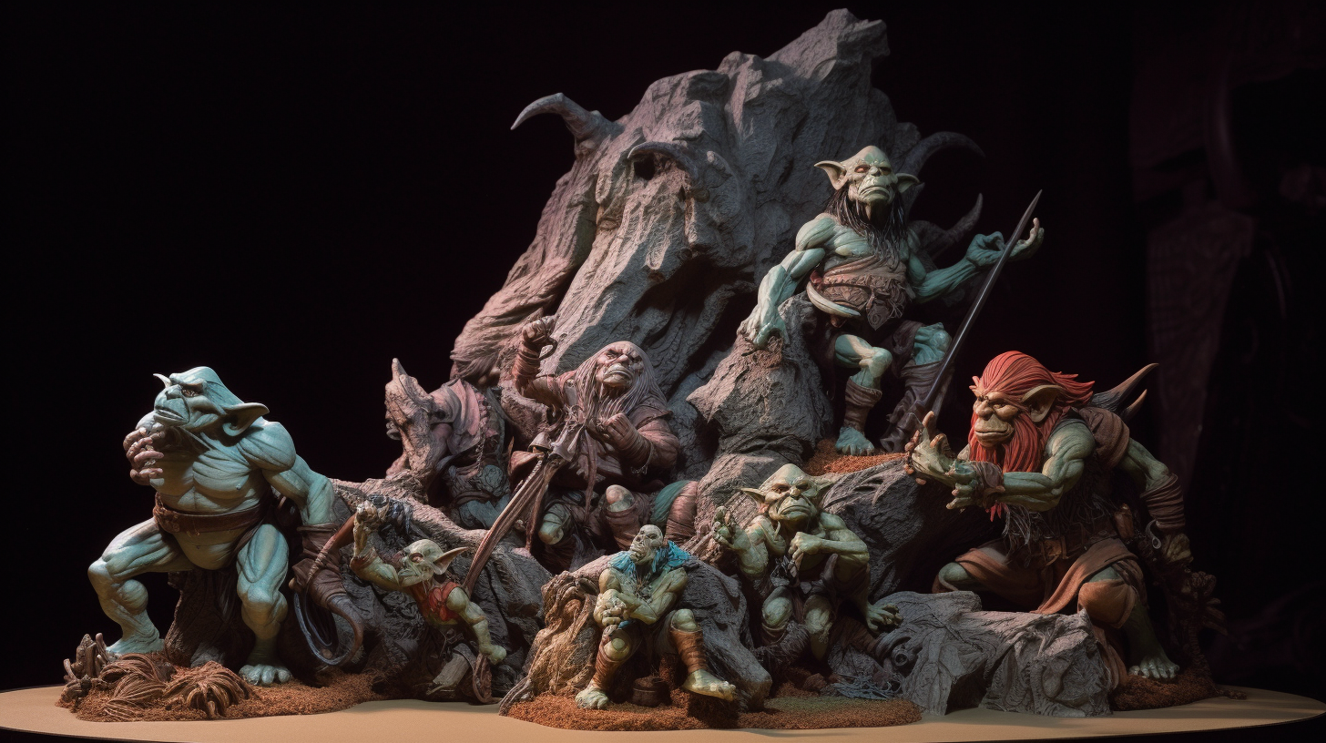 Image of goblins kneeling at a giant stone carving