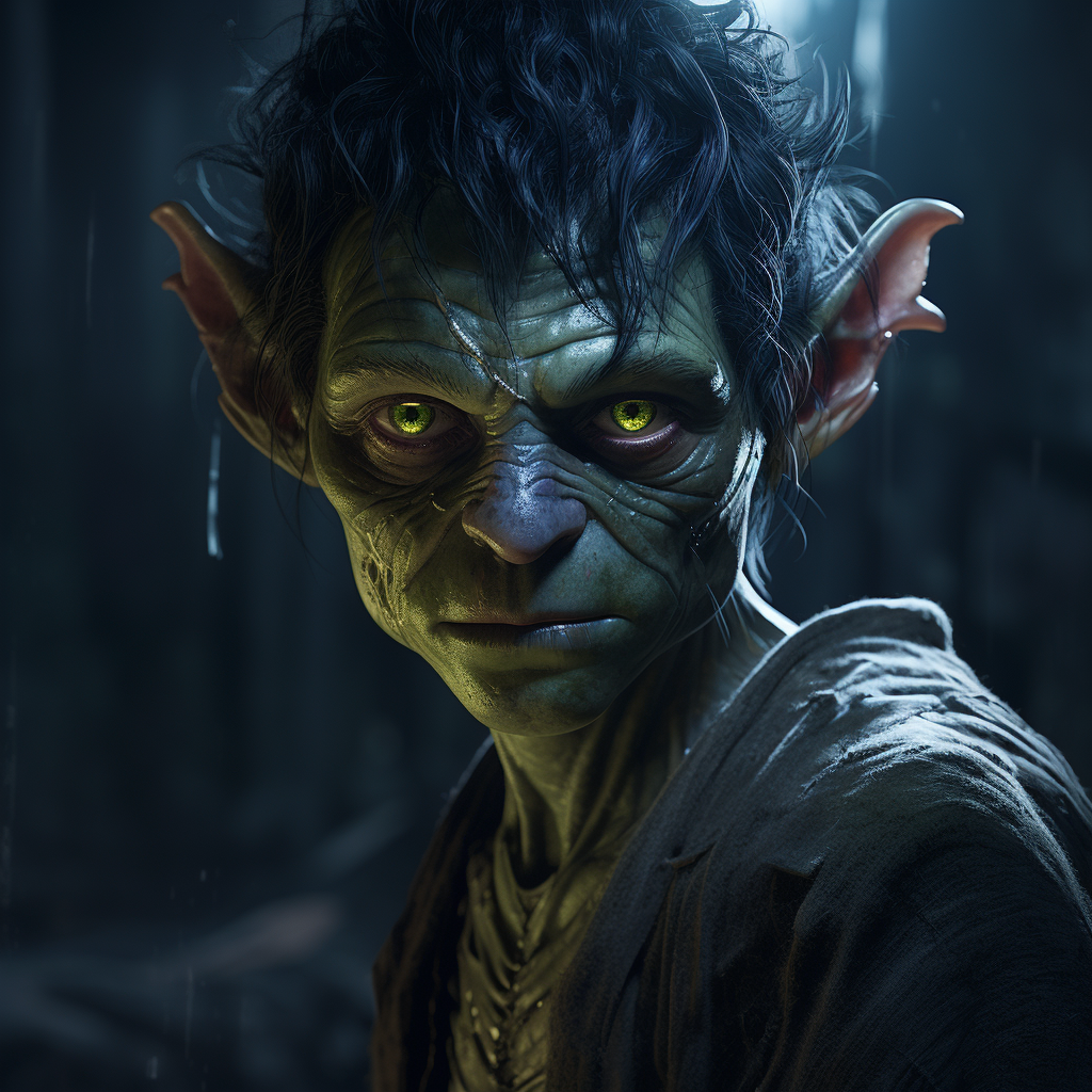 Young goblin with green eyes and blue skin in labyrinth