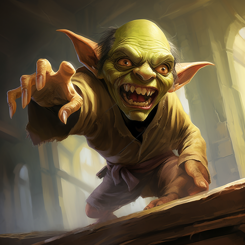 Funny goblin pointing backwards with mouth open