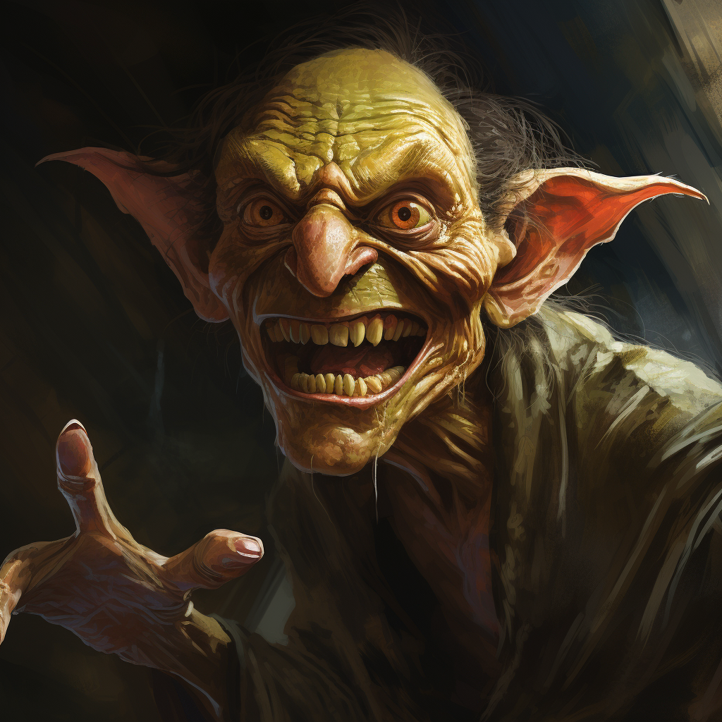 Goblin pointing backwards with open mouth