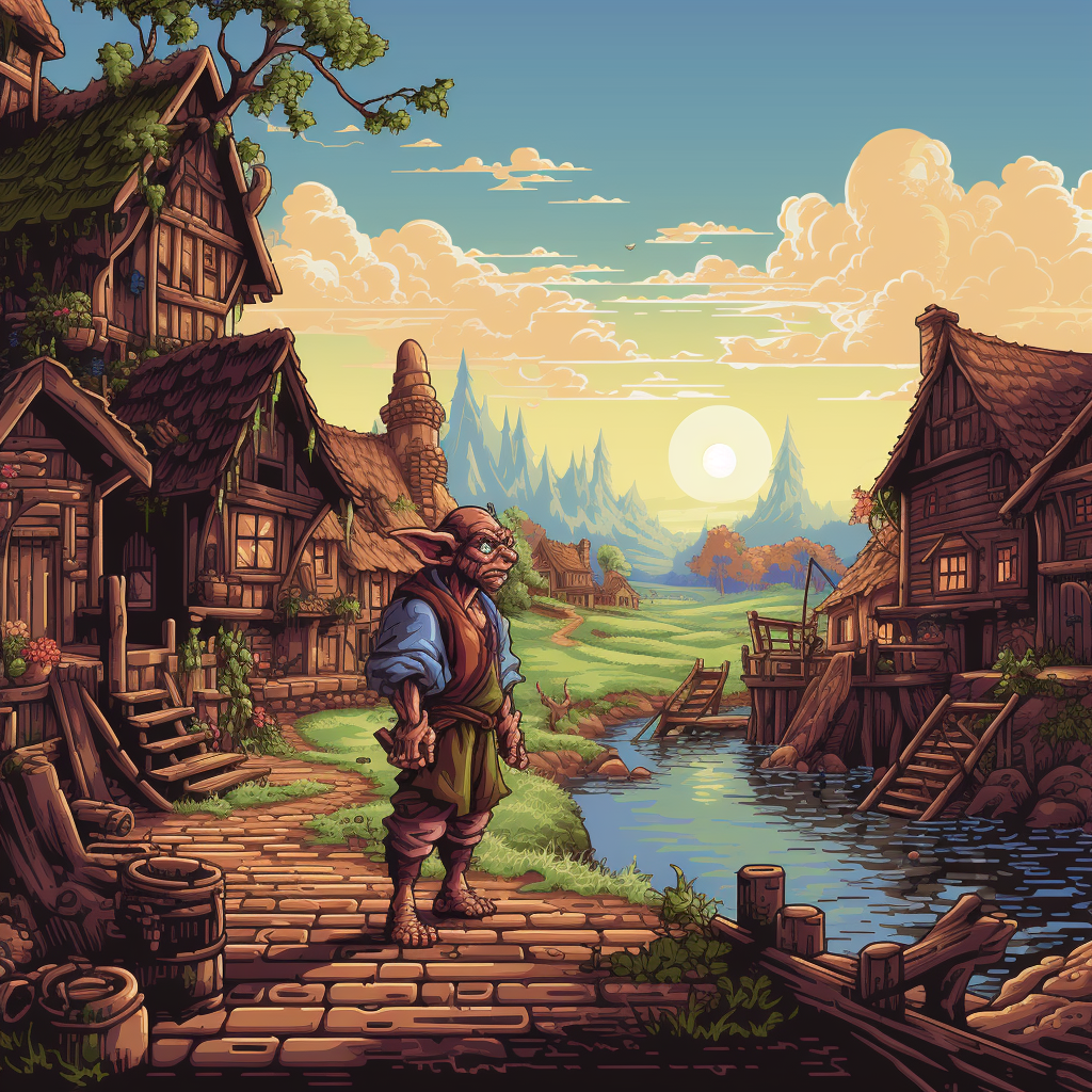 Goblin in RPG game with village background